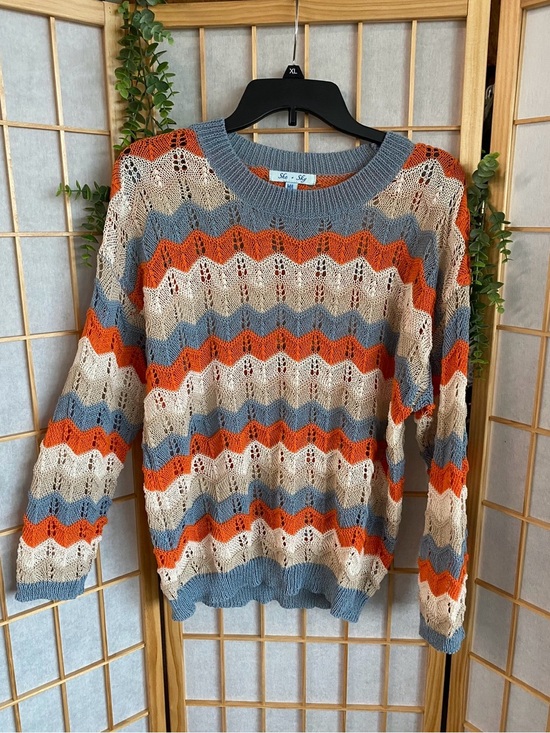 She and Sky Sweaters - She and Sky Open Knit Chevron Sweater in Rust, Blue, and Cream